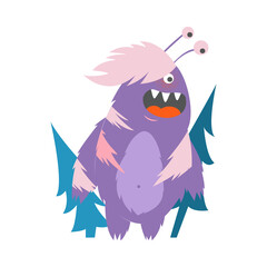 Hairy Purple Monster with Antenna Standing Between Fir Trees Vector Illustration