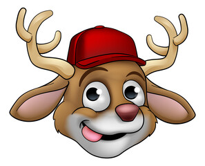 A cute Christmas Santas reindeer cartoon character in baseball cap hat sticking out his tongue