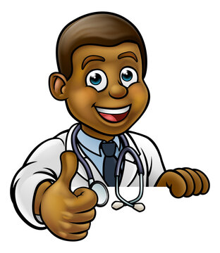 A cartoon doctor wearing lab white coat with stethoscope peeking above sign and giving a thumbs up