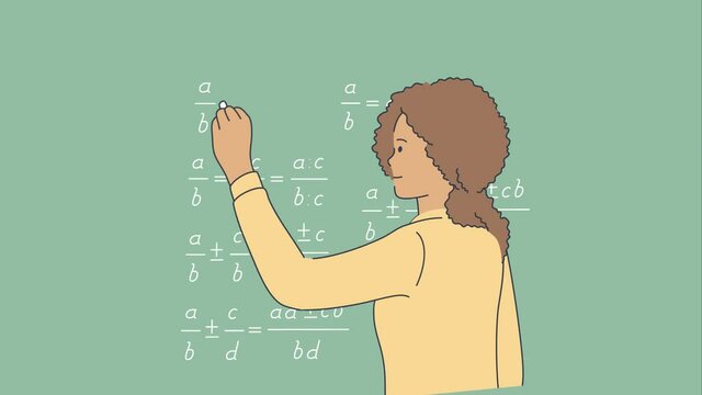 Education, school, study concept. 3d graphic video portrait of pensive thoughtful african american schoolgirl child kid solving math equation on blackboard. Educational process motion design footage.