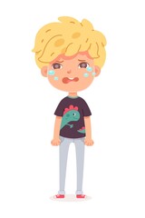 Sad boy crying covering her face with hand. Child isolated on white background. Vector character illustration of children gestures, emotions, types of moods.