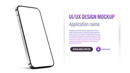UI or UX smartphone mobile app template on blue background with application description and download link - small and big version of phone	