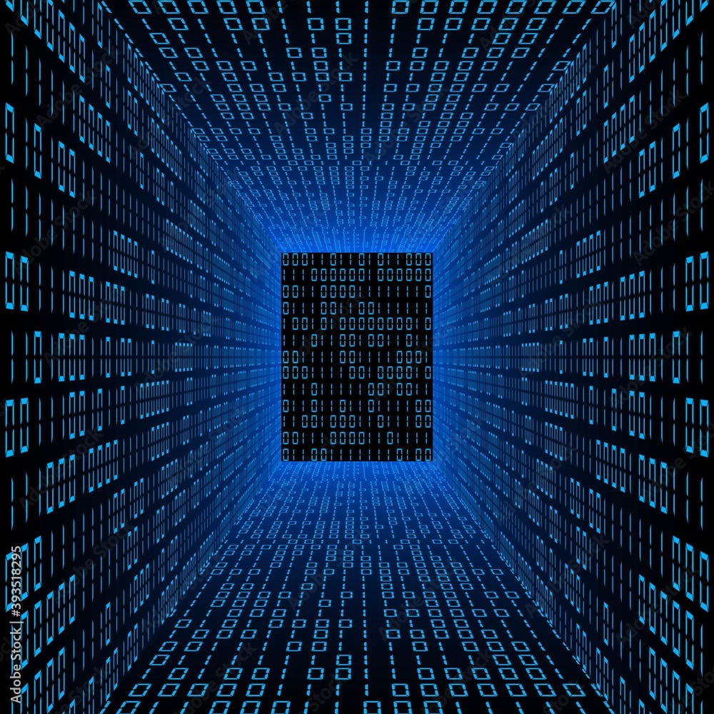 Aufkleber abstract data flow background - blue glowing room with walls made of binary code digits - 3d illustr