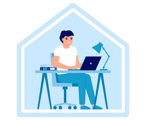 Young man works on laptop at home. Online education, distance learning or working at home concept. Workspace, home office, remote work. Vector flat illustration
