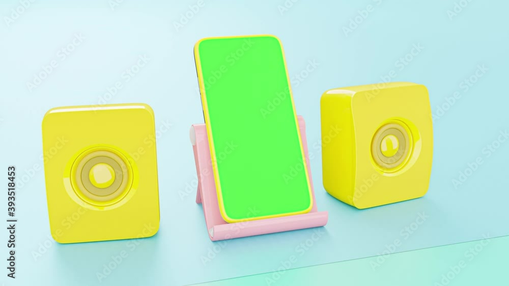 Poster yelllow smartphone and yellow speaker on pink phone stand. green screen. mock-up for your text. anim