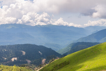 Chairlift in a mountain region in summer. Life of ski resort in summertime