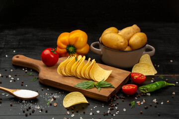 Potato chips and vegetables in composition on black background