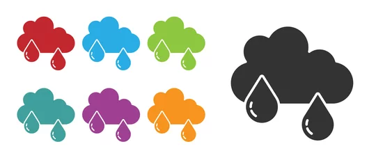 Schilderijen op glas Black Cloud with rain icon isolated on white background. Rain cloud precipitation with rain drops. Set icons colorful. Vector. © Kostiantyn