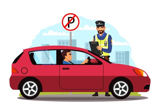 Police officer writing fine for illegal parking. Man sitting in car, policeman standing with tablet, no parking road sign. Safe driving in city vector illustration. Street rules and safety