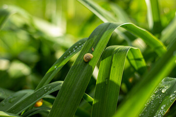 snail on the green grass with water drops