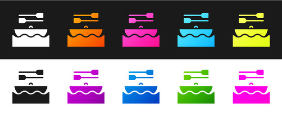 Set Boat with oars icon isolated on black and white background. Water sports, extreme sports, holiday, vacation, team building. Vector.