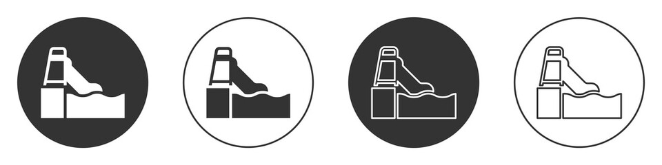 Black Water slide with pool icon isolated on white background. Aquapark. Circle button. Vector.