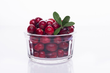 Fresh raw organic cranberry in glass bowl plate on white background with berries next to it. Space for text.