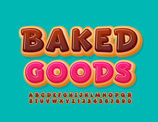 Vector tasty emblem Baked Goods. Choco cake Font. Donut Alphabet Letters and Numbers set