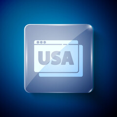 White USA United states of america on browser icon isolated on blue background. Square glass panels. Vector.