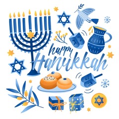 Square greeting card or postcard template with Happy Hanukkah lettering and holiday symbols and attributes - menorah, sufganiyah doughnuts, olive branch, flying dove, dreidels. Vector illustration