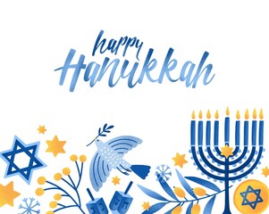 Happy hanukkah greeting card vector template. Jewish holiday celebration postcard design. Menorah candles, David star, flying dove and handwritten lettering. Jewish festival of lights postcard layout.