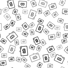 Obraz premium Black Mining bitcoin from graphic tablet icon isolated seamless pattern on white background. Cryptocurrency mining, blockchain technology service. Vector.