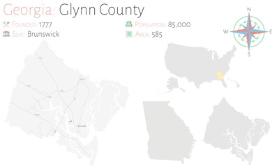 Large and detailed map of Glynn county in Georgia, USA.