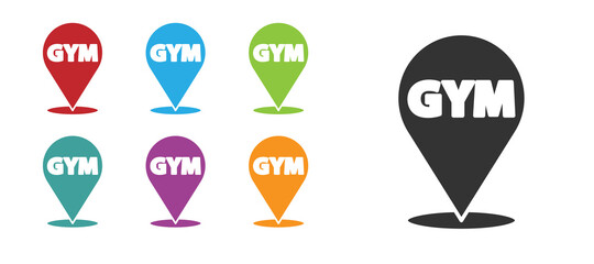 Black Location gym icon isolated on white background. Set icons colorful. Vector.