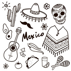 Vector set of mexican national things. Doodle sketch style. Mexico set. 