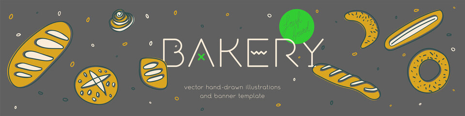 Bakery banner template with vector hand-drawn icons of bread in warm ochre tints. Fresh bread for Bakehouse emblem with color illustrations of breadstick, baguette, bagel for label, packaging design