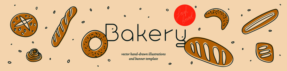 Fresh bread for Bakehouse emblem with color illustrations of breadstick, baguette, bagel for label, packaging design. Bakery banner template with vector hand-drawn icons of bread in warm ochre tints.