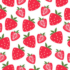 Vector pattern with whole and cut ripe red strawberries of different sizes on a white background. Summer print with strawberry image
