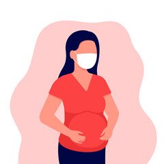 Abstract pregnant young woman with face mask. Pregnant girl during virus epidemic. Expectant mother, pregnancy, motherhood, single mother. Vector illustration
