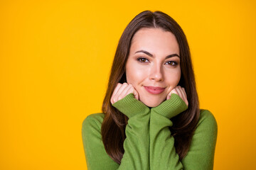 Close-up portrait of lovely cute calm content girl resting enjoying serenity isolated over bright yellow color background