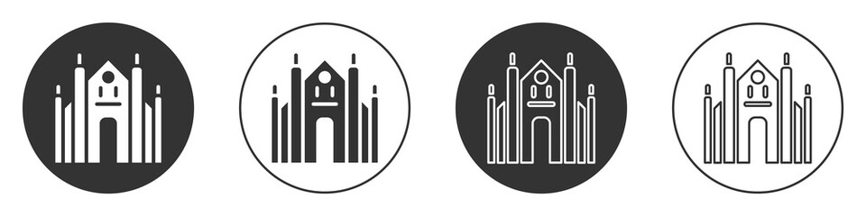 Black Milan Cathedral or Duomo di Milano icon isolated on white background. Famous landmark of Milan, Italy. Circle button. Vector.