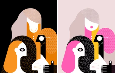 Gordijnen Drie mensen en een kattenplat ontwerpkunstwerk. Glimlachende man met een bril die een kat aait. Twee opties voor moderne kunst grafische illustratie. ©  danjazzia