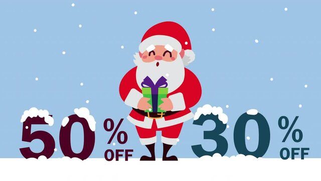 happy merry christmas sale animation with santa claus lifting gift and persent numbers