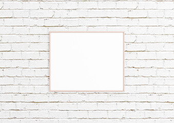 Horizontal 8x10 Pink Frame mockup. Horizontal Pink frame on a white brick wall.	
