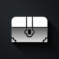 Silver Antique treasure chest icon isolated on black background. Vintage wooden chest with golden coin. Long shadow style. Vector.