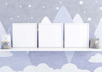 Three square white frame mockup for nursery or kids room on white shelf with toys. Children room nursery mockup frame poster on a blue wallpaper.