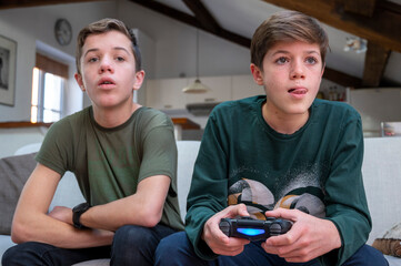 Adolescents jouant à la console de jeux à la maison