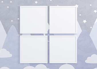 Four 8x8 Square White Frame mockup on blue wallpaper wall. Four empty poster frame mockup on blue wallpaper background. 3D Rendering