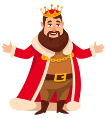 Standing joyful king. Royal character in cartoon style.