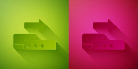 Paper cut Pos terminal with inserted credit card icon isolated on green and pink background. Payment terminal transaction. Pay by card. Paper art style. Vector.