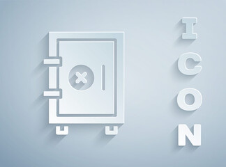 Fototapeta premium Paper cut Safe icon isolated on grey background. The door safe a bank vault with a combination lock. Reliable Data Protection. Paper art style. Vector.