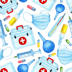 Seamless medical pattern. Health and Science. Watercolor illustration endlessly repeating. Mask, medical bag, enema, thermometer, syringe, vaccine ampoule and pills. Isolated on white background. 