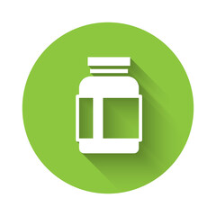 White Sports nutrition bodybuilding proteine power drink and food icon isolated with long shadow. Green circle button. Vector.