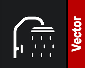 White Shower head with water drops flowing icon isolated on black background. Vector.
