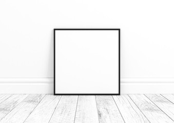 Square black frame mockup. Black frame poster on clean white wall and white wooden floor.
