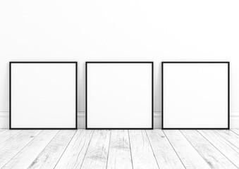 Three square black frame mockups. Black frame poster on clean white wall and white wooden floor.
