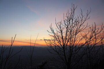 fascinating sunset, colorful sky, horizon on the landscape of Gubbio. Silhouette of bare trees in the winter season