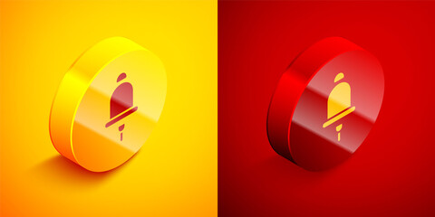 Isometric Ringing alarm bell icon isolated on orange and red background. Fire alarm system. Service bell, handbell sign, notification symbol. Circle button. Vector.