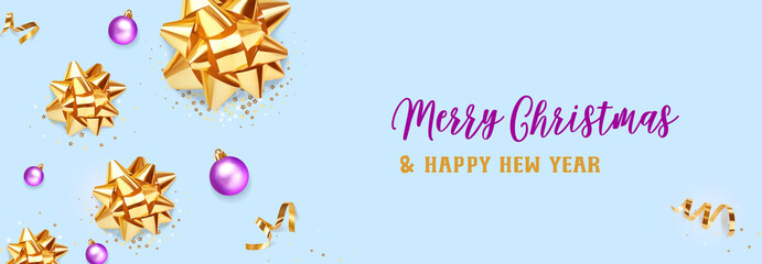 Fototapeta na wymiar Christmas banner. Background Xmas design of realistic golden gift bows and glitter gold confetti, bauble ball on blue background. Horizontal christmas poster, greeting card, headers for website.