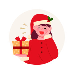 The cute girl is wearing a Santa suit Portrait of Santa girl smiling while handing a gift.